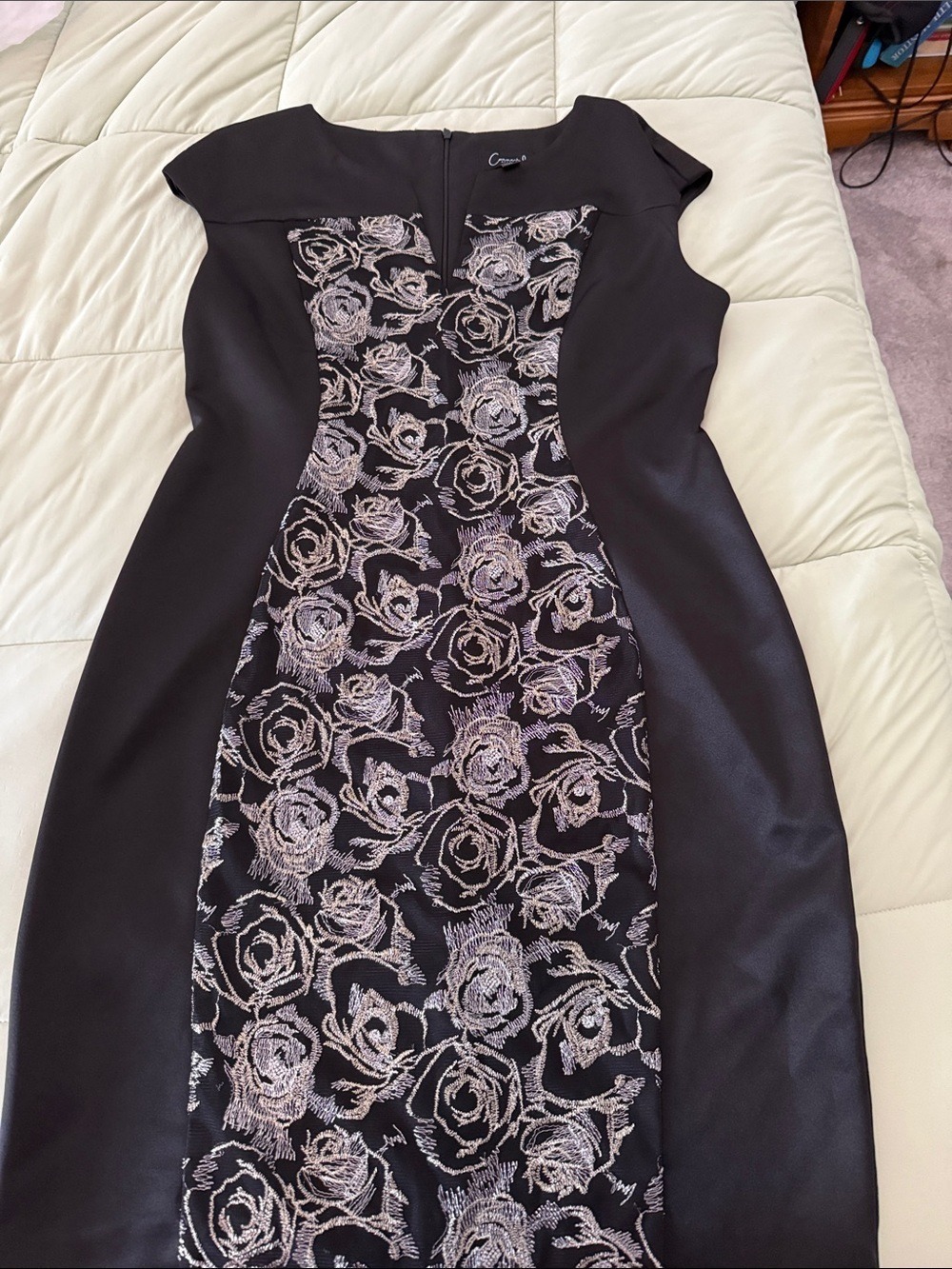 #0109 Connected apparel Black Midi Dress with Silver Rose Embroidery 12P